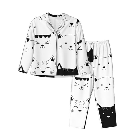 Fuzoiu Doodle Cute Cat Print Women's Long-Sleeved Pajama,Lounge Button Down Nightwear,Womens Notch Collar Pajama Set-X-Large