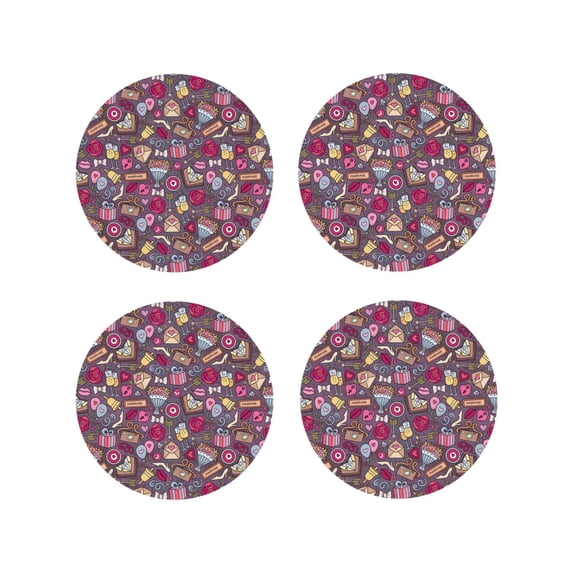 Fuzoiu Doodles Wedding Print Leather Coasters Set,Drink Coasters Set of 4,for Tabletop Protection, Durable PVC Coasters,Home Décor and Housewarming Gift-Round Shape