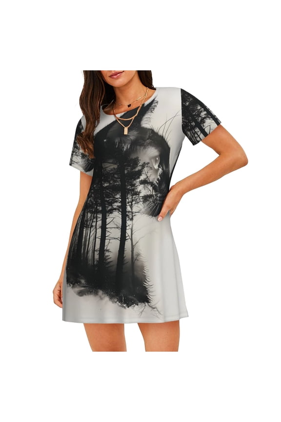 Double Exposure Cat Forest Print Women Nightgowns, Soft Comfy Lightweight Short Sleeves Sleepwear,Crew Neck Loungewear