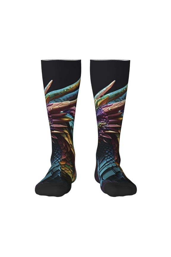 Dragon with Colorful Tail Print Adult Stockings,Crew Socks,Unisex Fashion Socks, Casual Sports Socks,Comfortable Crew Socks for Everyday Wear and Sports