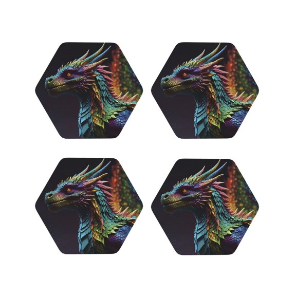 Fuzoiu Dragon with Colorful Tail Print Leather Coasters Set,Drink Coasters Set of 4,for Tabletop Protection, Durable PVC Coasters,Home Décor and Housewarming Gift-Hexagon