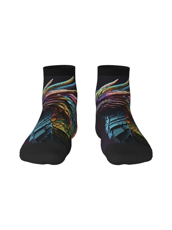 Dragon with Colorful Tail Print Adult Socks, Crew Moisture-wicking Socks, Unisex Cushion Crew Socks,Casual Sports Ankle Socks