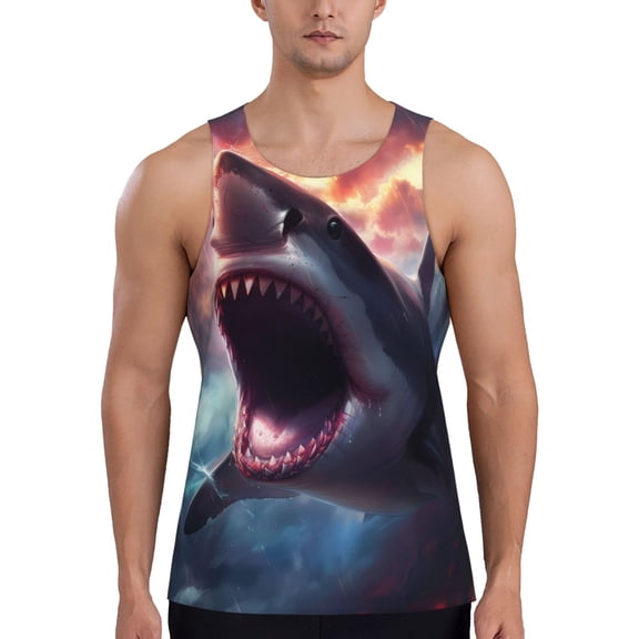 Fuzoiu Dramatic Shark Attack Print Men's Workout Tank Tops,Sleeveless Gym Shirt Quick Dry,Fitness Bodybuilding T-Shirt,Muscle Athletic Workout Tee-XX-Large