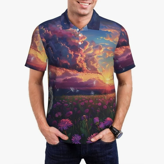 Fuzoiu Dreamy Dandelion Sunset Print Men's Polo Shirts Short Sleeve,Golf Shirts for Men,Mens Golf Shirt Moisture Wicking Quick-Dry-Large