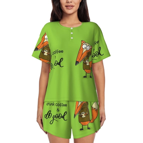Fuzoiu Drink Coffee And Do Good Print Women's Short-Sleeved Pajama Set,Lounge Sleepwear Set,Womens Pajama Sets 2 Piece,Button-Up Top and Shorts with Pockets-Large
