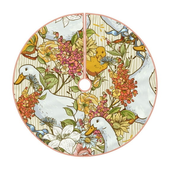 Fuzoiu Ducks and Flowers Print Christmas Tree Skirt,Xmas Christmas Decorations,Xmas Tree Mat for Farmhouse Holiday New Years Home Party Decor Tree Rugs-36"