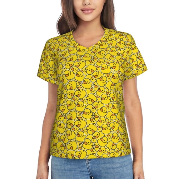 Fuzoiu Ducky Cartoon Animal Yellow Print Women's Classic V-Neck T-Shirt, Short Sleeve V Neck Tees for Casual Everyday Wear,Casual Fit Tee,Summer Fashion Tops-XX-Large