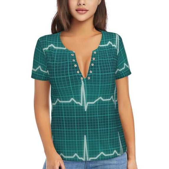 Fuzoiu ECG Wave Print Women's V-Neck T-Shirt,Women's Short Sleeve Top, Comfortable for Work, Leisure, and Sports
