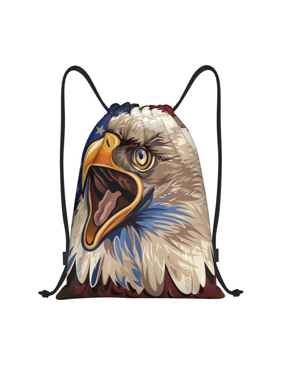 Eagle With USA Flags Print Drawstring Backpack for Gym, Travel, Yoga,Sports Sackpack String Bag for Women Men-Small