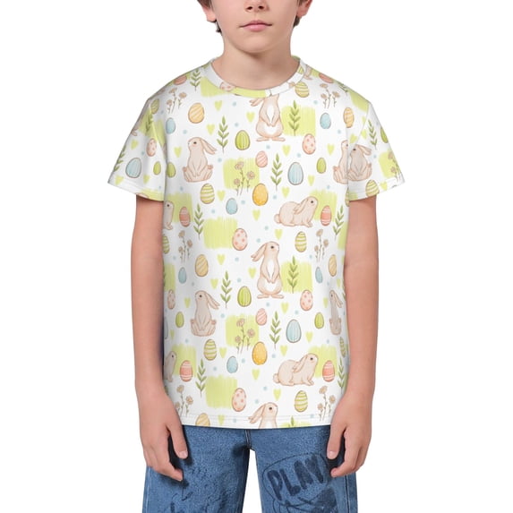 Fuzoiu Easter Rabbit Print Youth Short Sleeve T-Shirt,Youth Dry-Fit Active Athletic T-Shirt,Short Sleeve Tops Tees for School, Sports, and Casual Wear