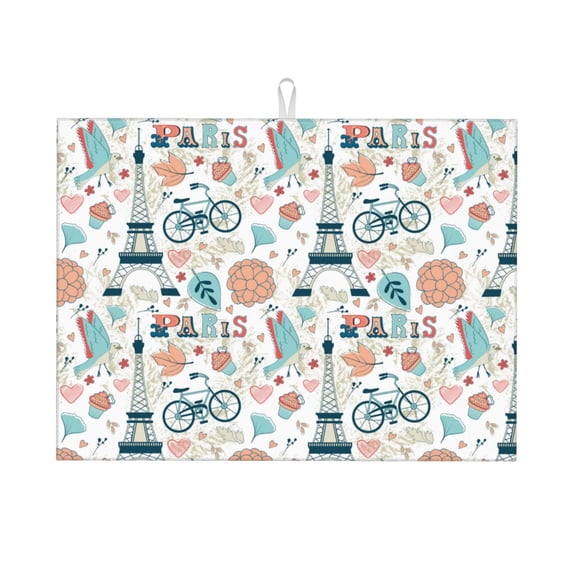 Fuzoiu Eiffel Tower Print Absorbent, Reversible Microfiber Dish Drying Mat for Kitchen, Dish Drying Pad for Dishes, Utensils, Pots and Pans, Extra Large 18 Inch x 24 Inch