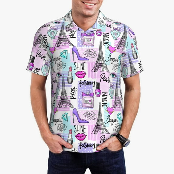 Fuzoiu Eiffel Tower and Hearts Print Men's Polo Shirts Short Sleeve,Golf Shirts for Men,Mens Golf Shirt Moisture Wicking Quick-Dry-Medium
