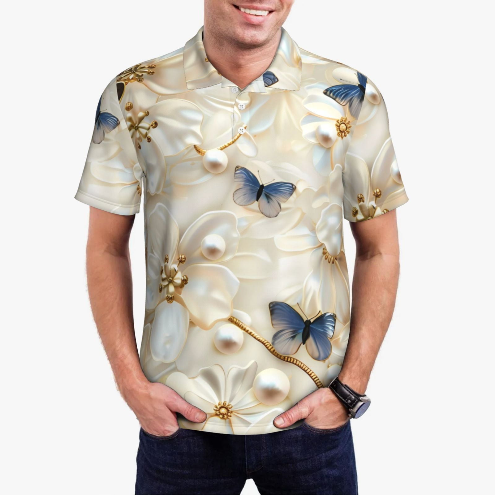 Fuzoiu Elegant Butterflies And Pearls Print Men's Polo Shirts Short ...