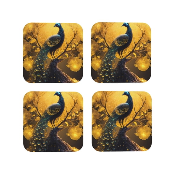 Fuzoiu Elegant Gold Leaf Peacock Print Leather Coasters Set,Drink Coasters Set of 4,for Tabletop Protection, Durable PVC Coasters,Home Décor and Housewarming Gift-Square