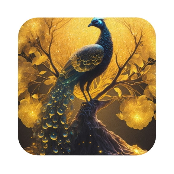 Fuzoiu Elegant Gold Leaf Peacock Print Leather Coasters Set,Drink Coasters Set of 6,for Tabletop Protection, Durable PVC Coasters,Home Décor and Housewarming Gift,Square
