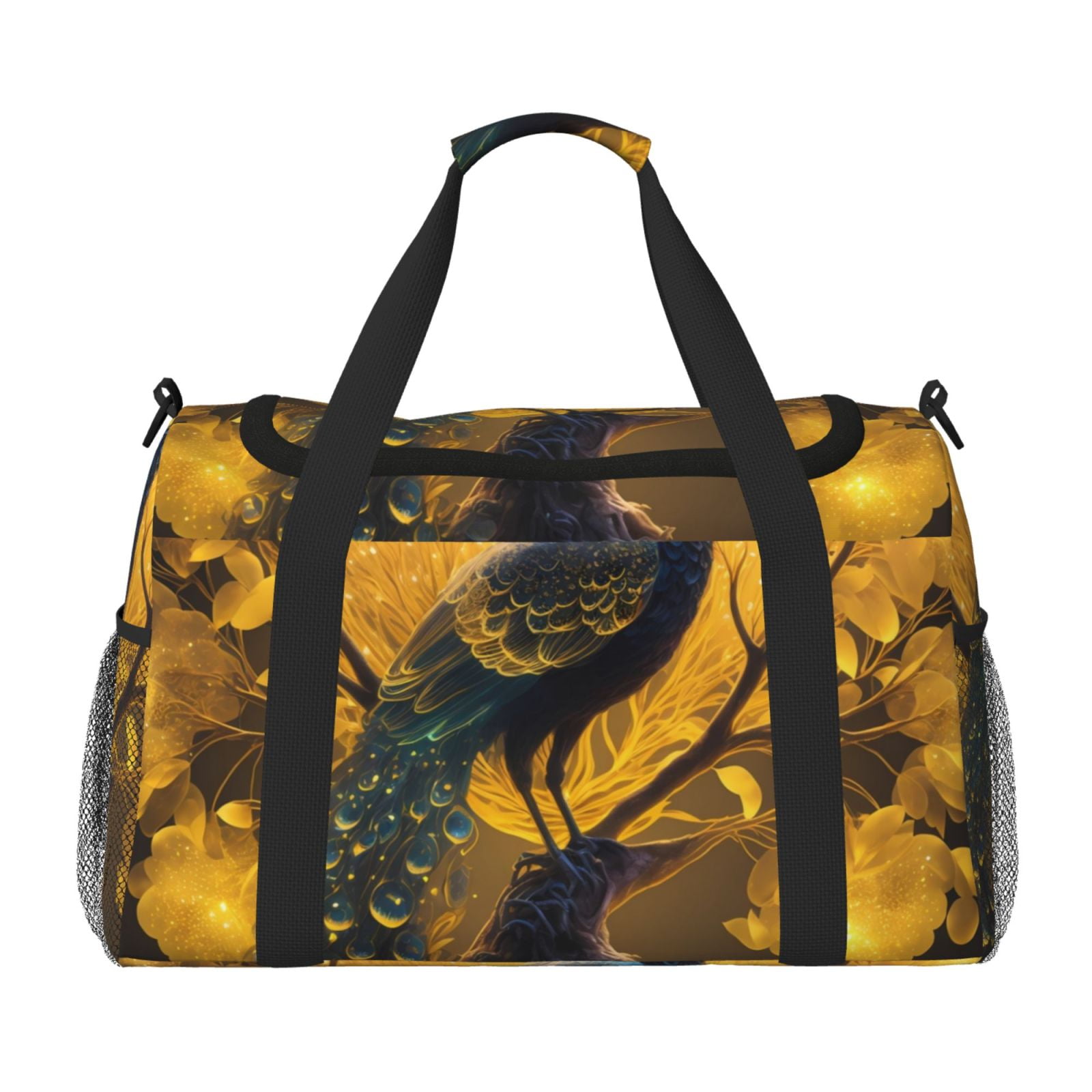 Fuzoiu Elegant Gold Leaf Peacock Print Travel Duffle Bag,Carry On Tote Bags,Duffel Bag,Sport Gym Bag, Hospital Bag for Labor and Delivery, Overnight Bag,Luggage Bag