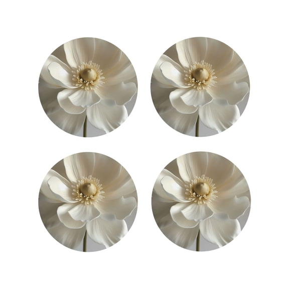 Fuzoiu Elegant Ivory Flower Print Leather Coasters Set,Drink Coasters Set of 4,for Tabletop Protection, Durable PVC Coasters,Home Décor and Housewarming Gift-Round Shape