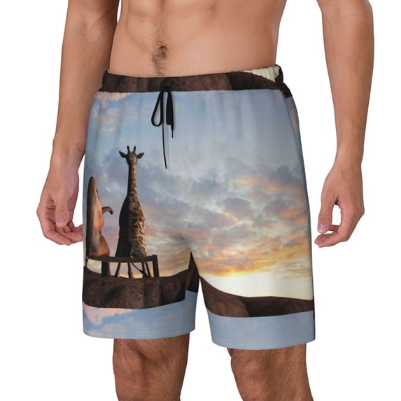 Fuzoiu Elephant Giraffe Print Men's Swim Shorts,Quick-Dry Double-Layer Swim Trunks,Board Trunks,Beach Shorts Swimwear Bathing Suits-XX-Large