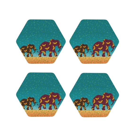 Fuzoiu Elephants Print Leather Coasters Set,Drink Coasters Set of 4,for Tabletop Protection, Durable PVC Coasters,Home Décor and Housewarming Gift-Hexagon