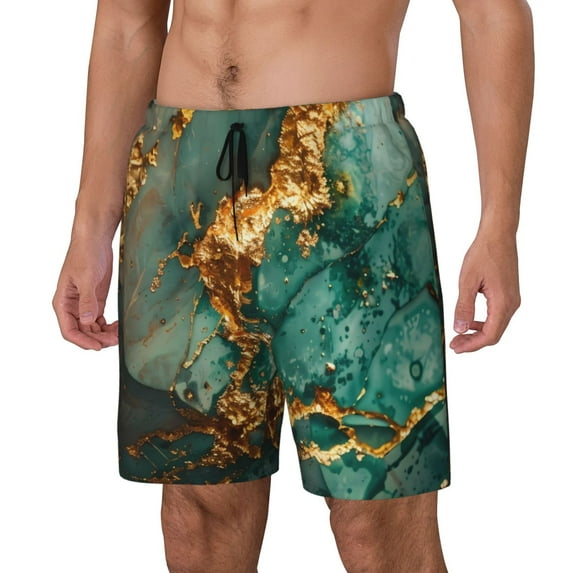 Fuzoiu Emerald Color Gold Marble Print Men's Swim Shorts,Quick-Dry Double-Layer Swim Trunks,Board Trunks,Beach Shorts Swimwear Bathing Suits-Medium