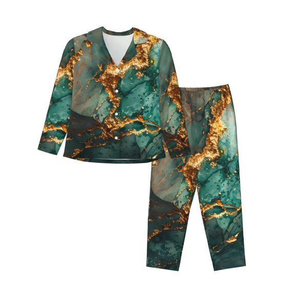 Fuzoiu Emerald Color Gold Marble Print Women's Long-Sleeved Pajama,Lounge Button Down Nightwear,Womens Notch Collar Pajama Set-