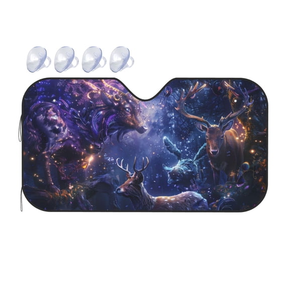 Fuzoiu Enchanted Forest Stag Gathering Print Car Windshield Sunshade,Foldable Reflective Sun Visor,Windshield Sun Shade,UV Rays Sun Visor Shade,Auto Front Sun Shield Shade-Small