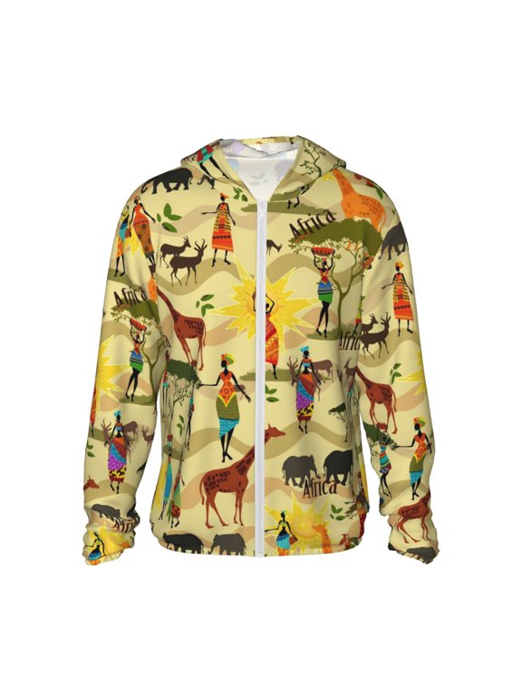 Ethnic African Print Unisex Sun Protection Hoodie,UPF 50+ Light Jacket,Full Zip Sun Protection Hoodie,Long Sleeve Sun Shirts,for Outdoor Activities-Medium
