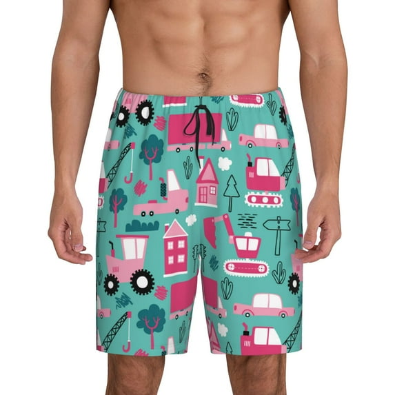 Fuzoiu Excavator Print Pajama Shorts for Men, Men's Pajama Bottoms,Mens Lounge Sleepwear,Pajama Pants with Pocket-Small
