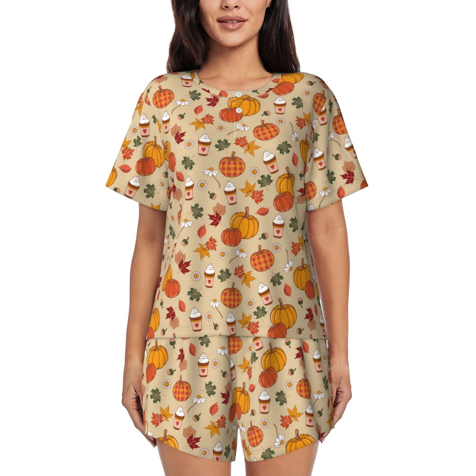 Fuzoiu Fall Autumn Print Women's Short-Sleeved Pajama Set,Lounge ...