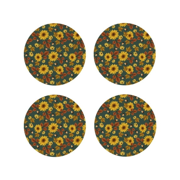 Fuzoiu Fall Daisy Leaf Nuts Print Leather Coasters Set,Drink Coasters Set of 4,for Tabletop Protection, Durable PVC Coasters,Home Décor and Housewarming Gift-Round Shape