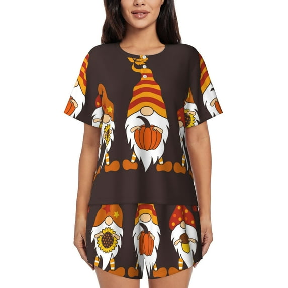 Fuzoiu Fall Gnomes Print Women's Short-Sleeved Pajama Set,Lounge Sleepwear Set,Womens Pajama Sets 2 Piece,Button-Up Top and Shorts with Pockets-Medium