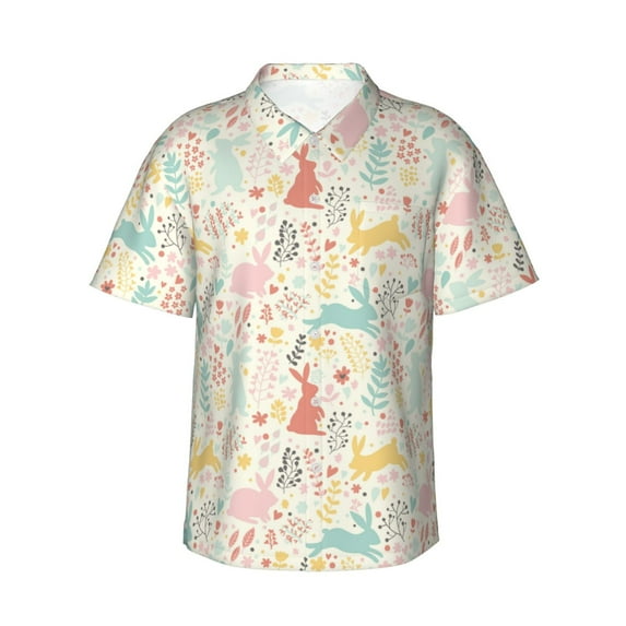 Fuzoiu Fall Rabbit Print Hawaiian Shirt for Men, Summer Beach Casual Short Sleeve Button Down Shirts, Men’s Beach Summer Shirts with Pocket,XX-Large