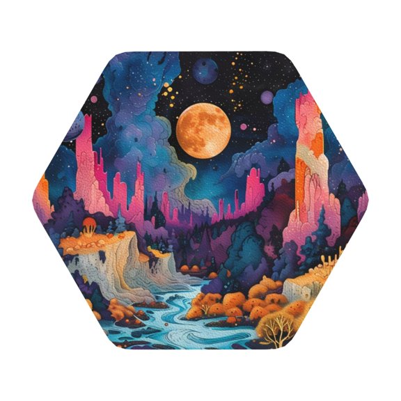 Fuzoiu Fantasy Cosmic Landscape Print Leather Coasters Set,Drink Coasters Set of 6,for Tabletop Protection, Durable PVC Coasters,Home Décor and Housewarming Gift,Hexagon