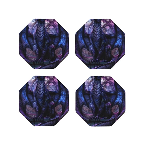 Fuzoiu Fantasy Dragon In Cathedral Print Leather Coasters Set,Drink Coasters Set of 4,for Tabletop Protection, Durable PVC Coasters,Home Décor and Housewarming Gift-Octagon