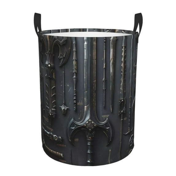 Fuzoiu Fantasy Medieval Weaponry Print Circular Hamper,Laundry Basket with Handle,Collapsible Laundry,Dirty Clothes Storage Basket,for Bedroom Bathroom Dorm Living Room-