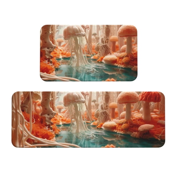 Fuzoiu Fantasy Underwater Jellyfish Print Kitchen Floor Mat 2 Sets,Kitchen Rugs and Mats,,Non Skid Waterproof Kitchen Floor Mat for Kitchen,Home Office,Sink,Laundry