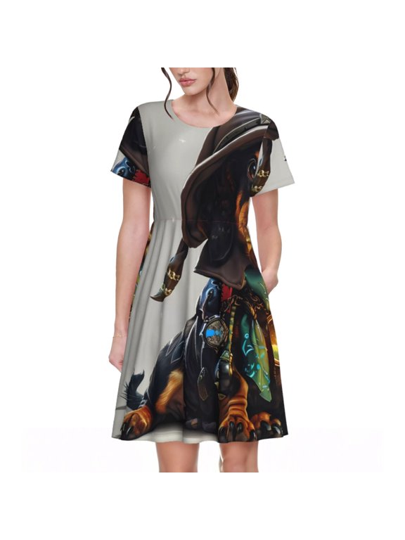 Fantasy Wizard Dog Art Print Womens Summer Trendy Short Sleeve Dresses,A Line Flowy Sundresses,Loose Casual Mini Beach Dress with Pockets