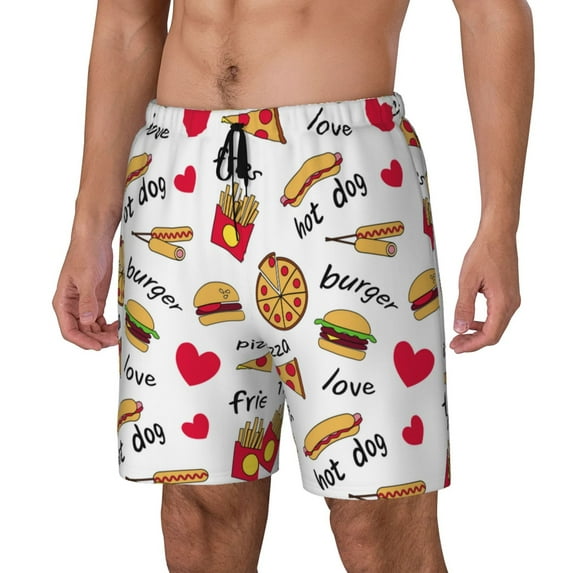 Fuzoiu Fast Food Print Men's Swim Shorts,Quick-Dry Double-Layer Swim Trunks,Board Trunks,Beach Shorts Swimwear Bathing Suits-Medium