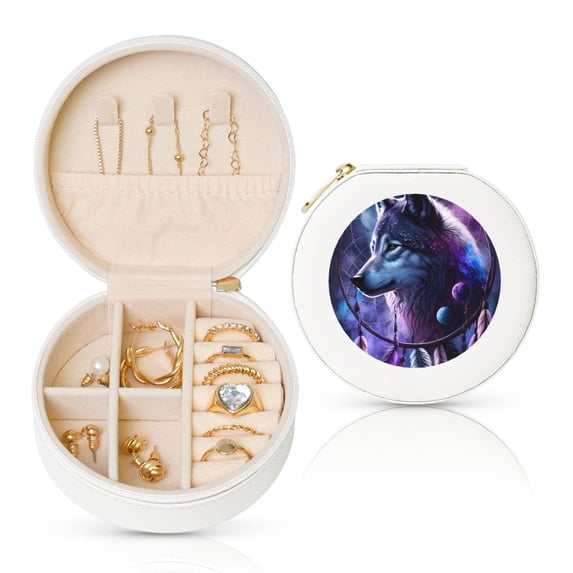 Fuzoiu Feathered Wolf Print Portable Jewelry Box,Round Mini Leather Travel Jewelry Case,Small Travel Jewelry Organizer,Jewelry Holder for Ring Necklace Earring for Women Girls-White