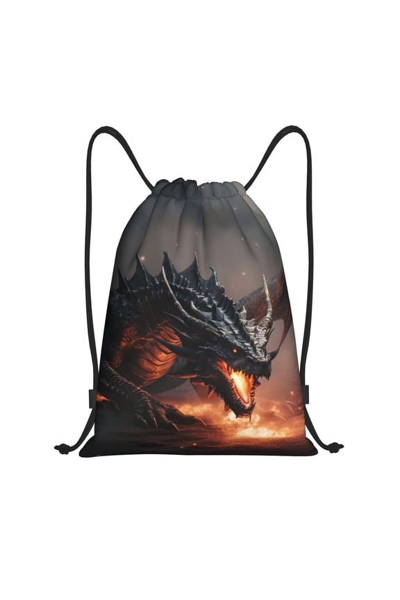 Fiery Black Dragon Attack Print Drawstring Backpack for Gym, Travel, Yoga,Sports Sackpack String Bag for Women Men-Medium