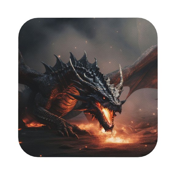 Fuzoiu Fiery Black Dragon Attack Print Leather Coasters Set,Drink Coasters Set of 6,for Tabletop Protection, Durable PVC Coasters,Home Décor and Housewarming Gift,Square