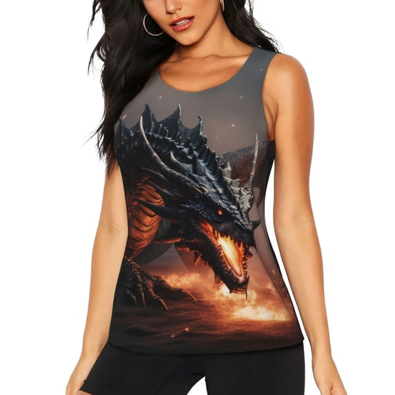 Fuzoiu Fiery Black Dragon Attack Print Women's Workout Tank Top,Athletic Racerback Sports Tank,Tops Sleeveless Running Loose Fit Yoga Tops,Active Shirts for Yoga, Running, and Gym-Large