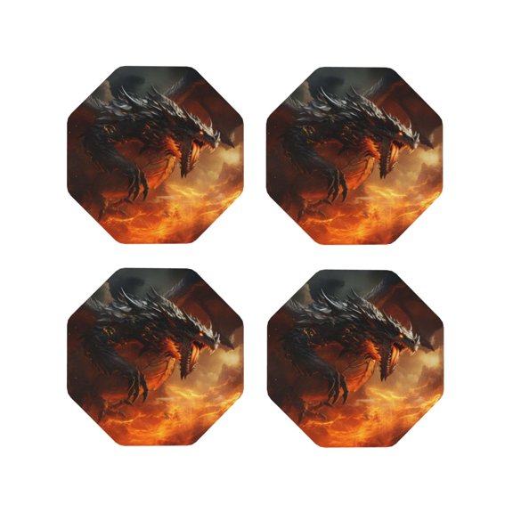 Fuzoiu Fiery Dragon Of Chaos Print Leather Coasters Set,Drink Coasters Set of 4,for Tabletop Protection, Durable PVC Coasters,Home Décor and Housewarming Gift-Octagon
