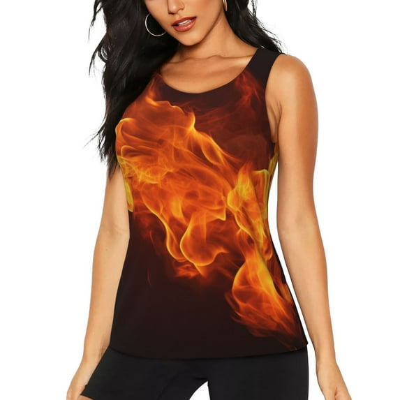 Fuzoiu Fiery Orange Flames Energy Print Women's Workout Tank Top,Athletic Racerback Sports Tank,Tops Sleeveless Running Loose Fit Yoga Tops,Active Shirts for Yoga, Running, and Gym-Medium
