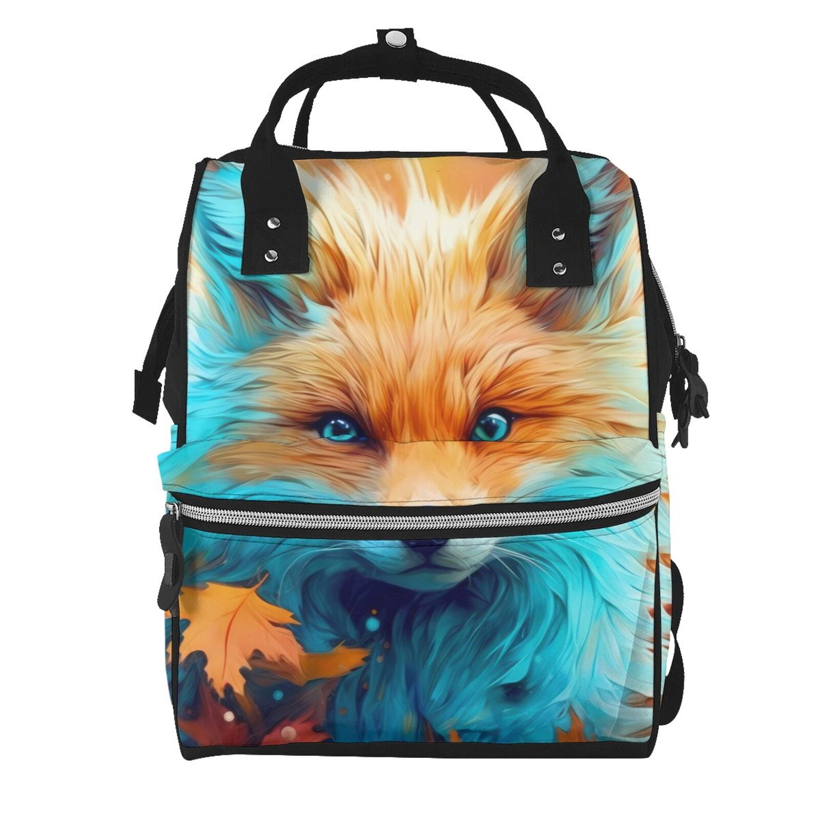 Fuzoiu Fiery Red Maple Leaf Fox Print Diaper Bag Backpack,Baby Essentials Travel Tote,Multi function Waterproof Diaper Bag, Travel Essentials Baby Bag - Unisex