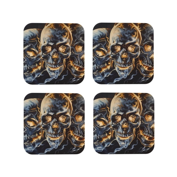 Fuzoiu Fiery Skull Trio Print Leather Coasters Set,Drink Coasters Set of 4,for Tabletop Protection, Durable PVC Coasters,Home Décor and Housewarming Gift-Square