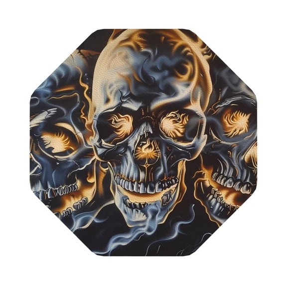 Fuzoiu Fiery Skull Trio Print Leather Coasters Set,Drink Coasters Set of 6,for Tabletop Protection, Durable PVC Coasters,Home Décor and Housewarming Gift,Octagon