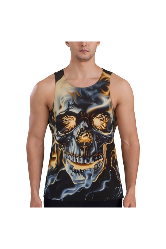 Fiery Skull Trio Print Men's Workout Tank Tops,Sleeveless Gym Shirt Quick Dry,Fitness Bodybuilding T-Shirt,Muscle Athletic Workout Tee-Small
