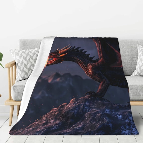 Fuzoiu Fire Breathing Dragon Twilight Print Flannel Throw Blanket,Light Weight Warm Decorative,Throw Blanket Cover for Sofa, Couch, Bedroom,Travel-60"x50"