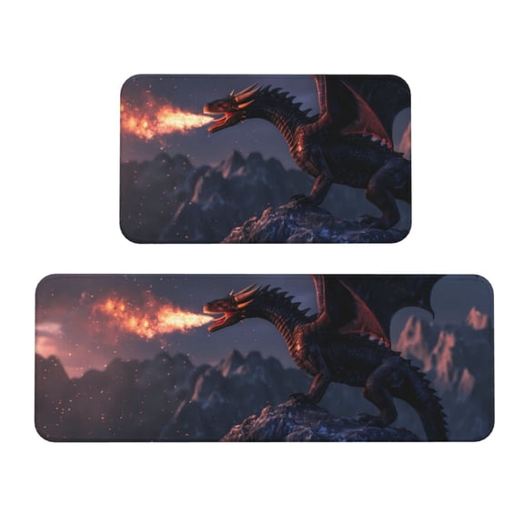 Fuzoiu Fire Breathing Dragon Twilight Print Kitchen Floor Mat 2 Sets,Kitchen Rugs and Mats,,Non Skid Waterproof Kitchen Floor Mat for Kitchen,Home Office,Sink,Laundry